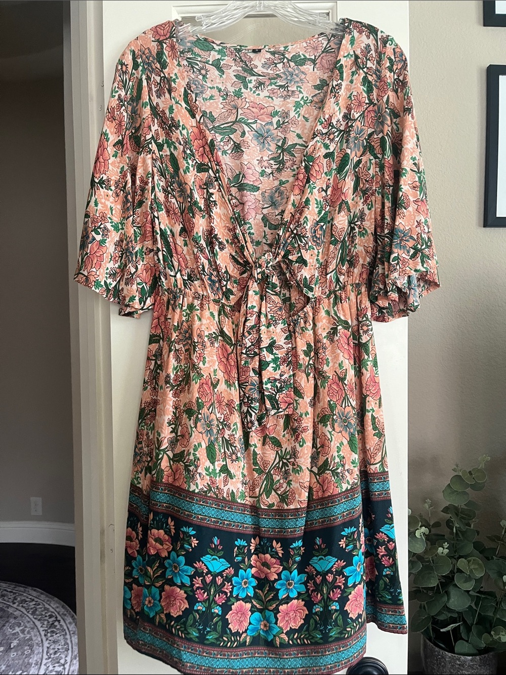 Floral Dress, Small, Pink, Coral, Green, Tie-Front, V-Neck, 100% Cotton, Boho